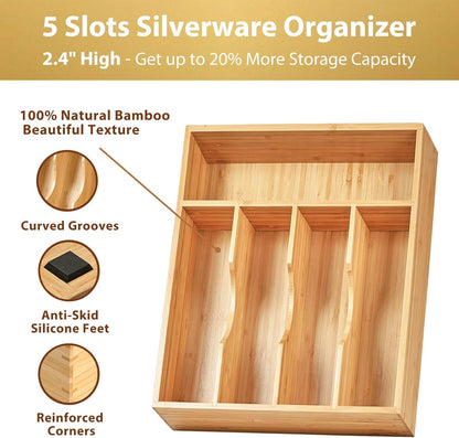 Umilife Bamboo Kitchen Drawer Organizer, 13 Inch Silverware Utensil Tray Holder, Extra Deep Grooved Drawer Divider, 7 Slots Total Bamboo Wood Caddy for Flatware Cutlery Knives, Forks, Spoons