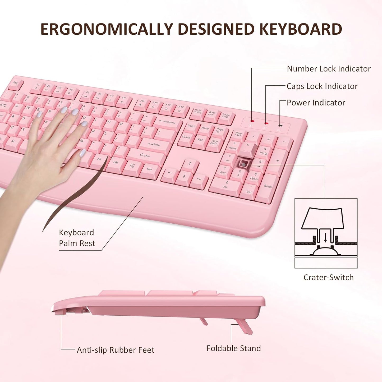 Wireless Keyboard and Mouse Combo, EDJO 2.4G Full-Sized Ergonomic Computer Keyboard with Wrist Rest and 3 Level DPI Adjustable Wireless Mouse for Windows, Mac OS Desktop/Laptop/PC