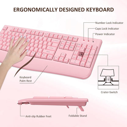 Wireless Keyboard and Mouse Combo, EDJO 2.4G Full-Sized Ergonomic Computer Keyboard with Wrist Rest and 3 Level DPI Adjustable Wireless Mouse for Windows, Mac OS Desktop/Laptop/PC