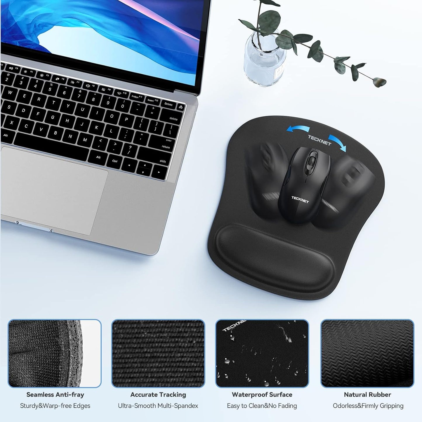TECKNET Keyboard Wrist Rest and Mouse Pad with Wrist Support, Memory Foam Set for Computer/Laptop/Mac, Lightweight for Easy Typing & Pain Relief Ergonomic Mousepad (Black)