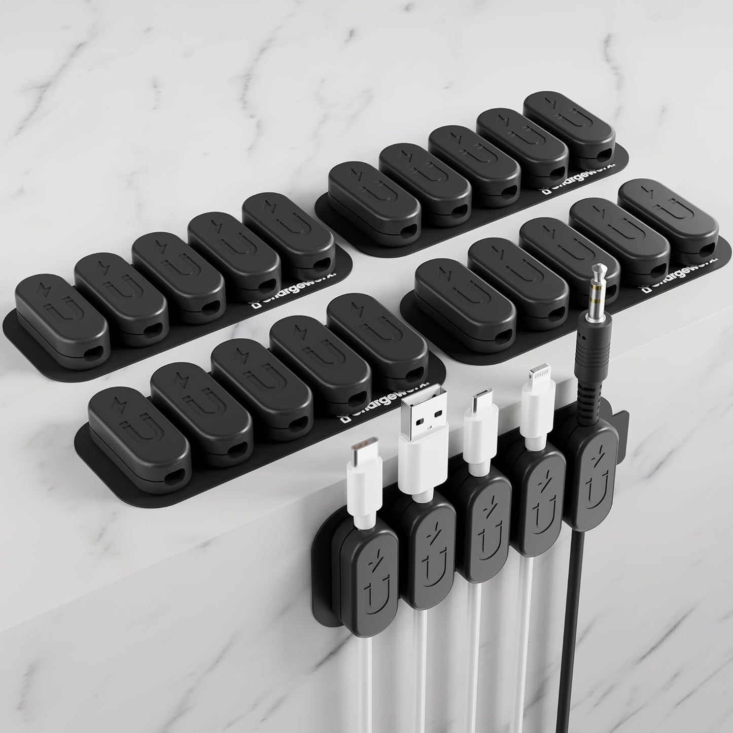 CHARGEWORX Pack of 5 Magnetic Cable Clips, Adhesive Cord Organizer for Desk, Nightstand, Wall or Car, Wire Holder for USB-C, Lightning and Micro-USB Cables