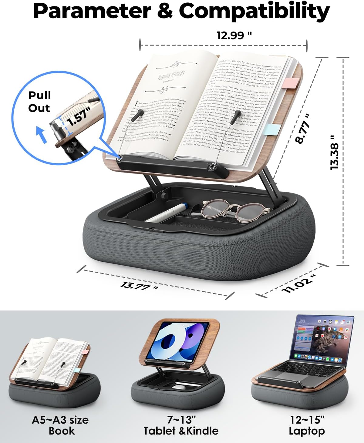 Viozon Lap Book Pillow Stand with Storage, Adjustable Beanbag Reading Pillow with Dark Wood Panel, Multi-Angle Book Holder for Hands-Free Reading in Bed or Sofa,Book Lover Essential, Soft Cushion
