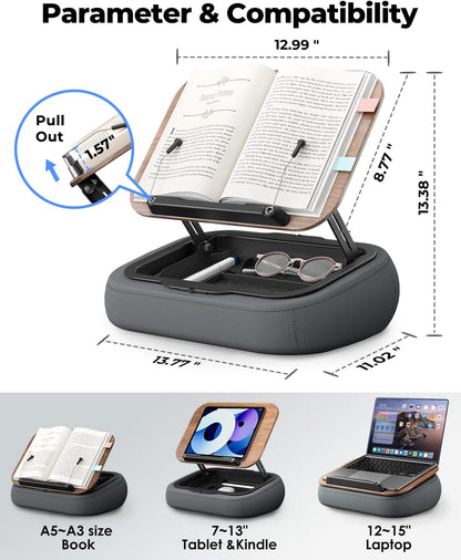 Viozon Lap Book Pillow Stand with Storage, Adjustable Beanbag Reading Pillow with Dark Wood Panel, Multi-Angle Book Holder for Hands-Free Reading in Bed or Sofa,Book Lover Essential, Soft Cushion