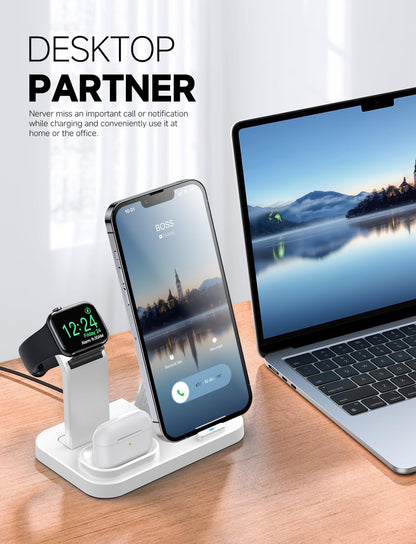 Wireless Charging Station 3 in 1 RJR Compatible with Apple Devices, Charging Dock for iWatch, Built-in Wireless Charger Stand for iPhone Series AirPods Gifts (with 18W Adapter) Graphite Black