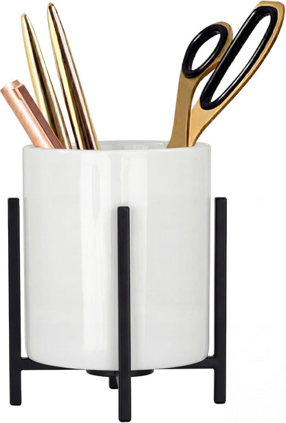 4.72" Gold Pen Holder Aesthetic Pencil Holder for Desk, Gold Desk Organizers and Accessories for Women Girls, Ceramic Pen Holder for Office