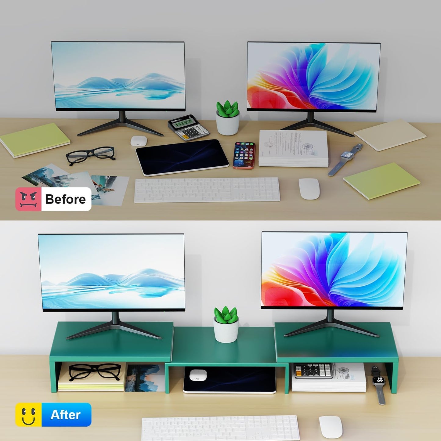 Dual Monitor Stand for Desk, Metal Computer Stand, Desk Shelf Riser,Desktop Organizer for Home and Office Use (Black)