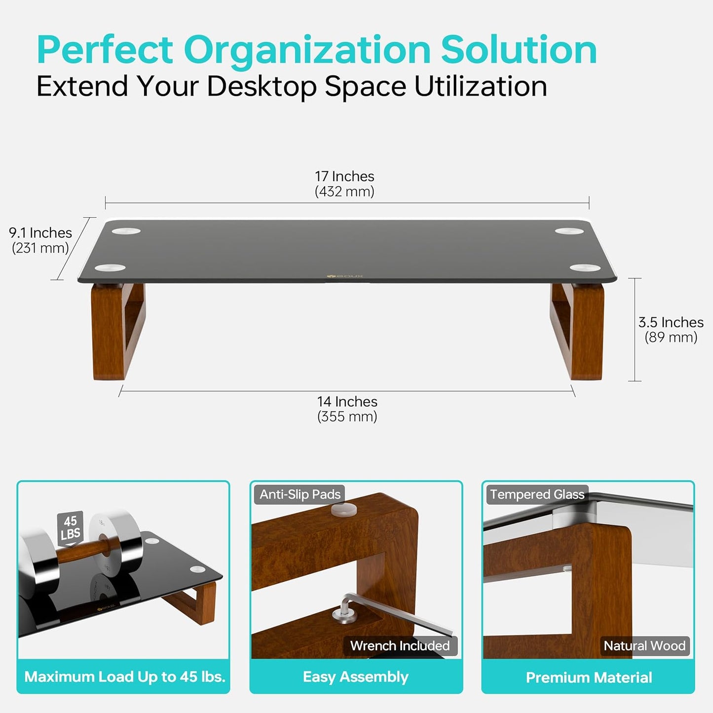 YEOUX Multi-Purpose Desktop Stand, Clear Floating Computer Monitor Riser with Natural Wood Base, Desk Organization Shelf for Printer, Laptop, Audio Device, Flat Screen