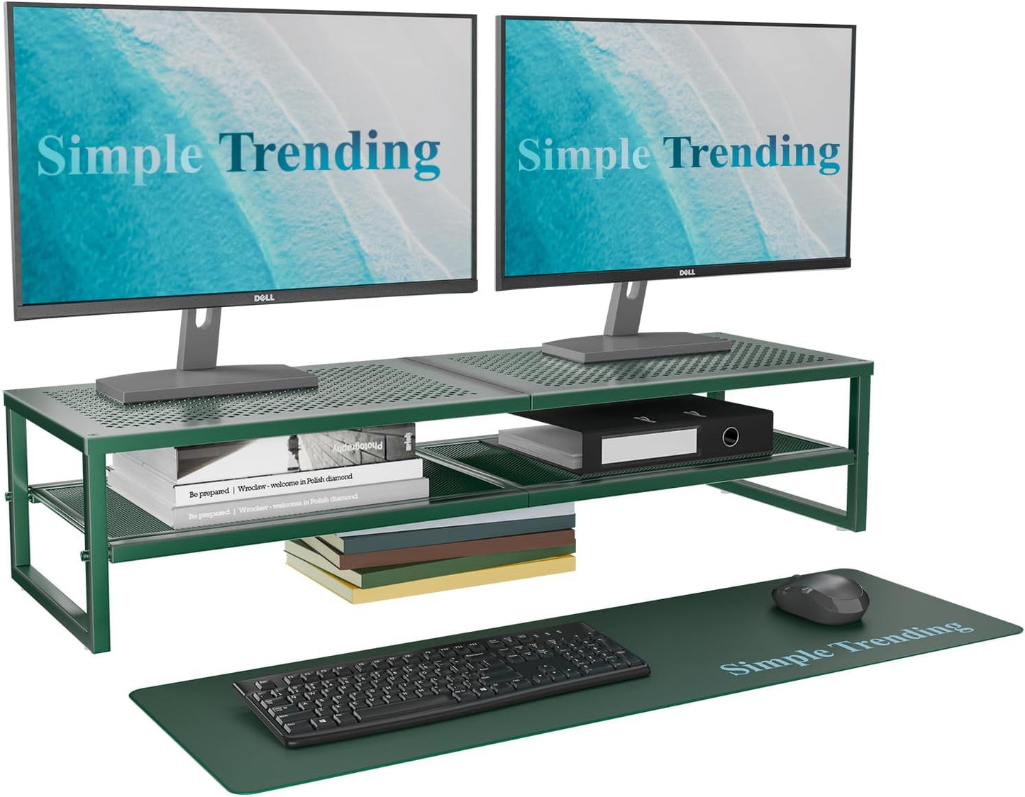 Simple Trending 2 Tier Metal Dual Monitor Stand Riser with 32"x10" Mouse Pad, Computer Desk Organizer for 2 Monitors, Laptop, Printer, TV, Black