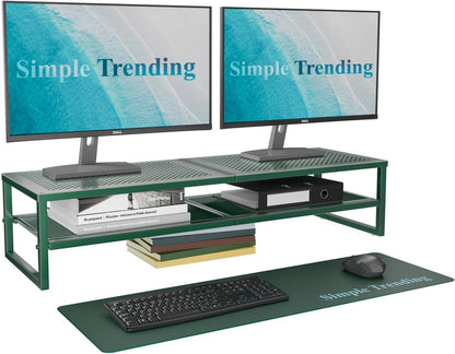 Simple Trending 2 Tier Metal Dual Monitor Stand Riser with 32"x10" Mouse Pad, Computer Desk Organizer for 2 Monitors, Laptop, Printer, TV, Black
