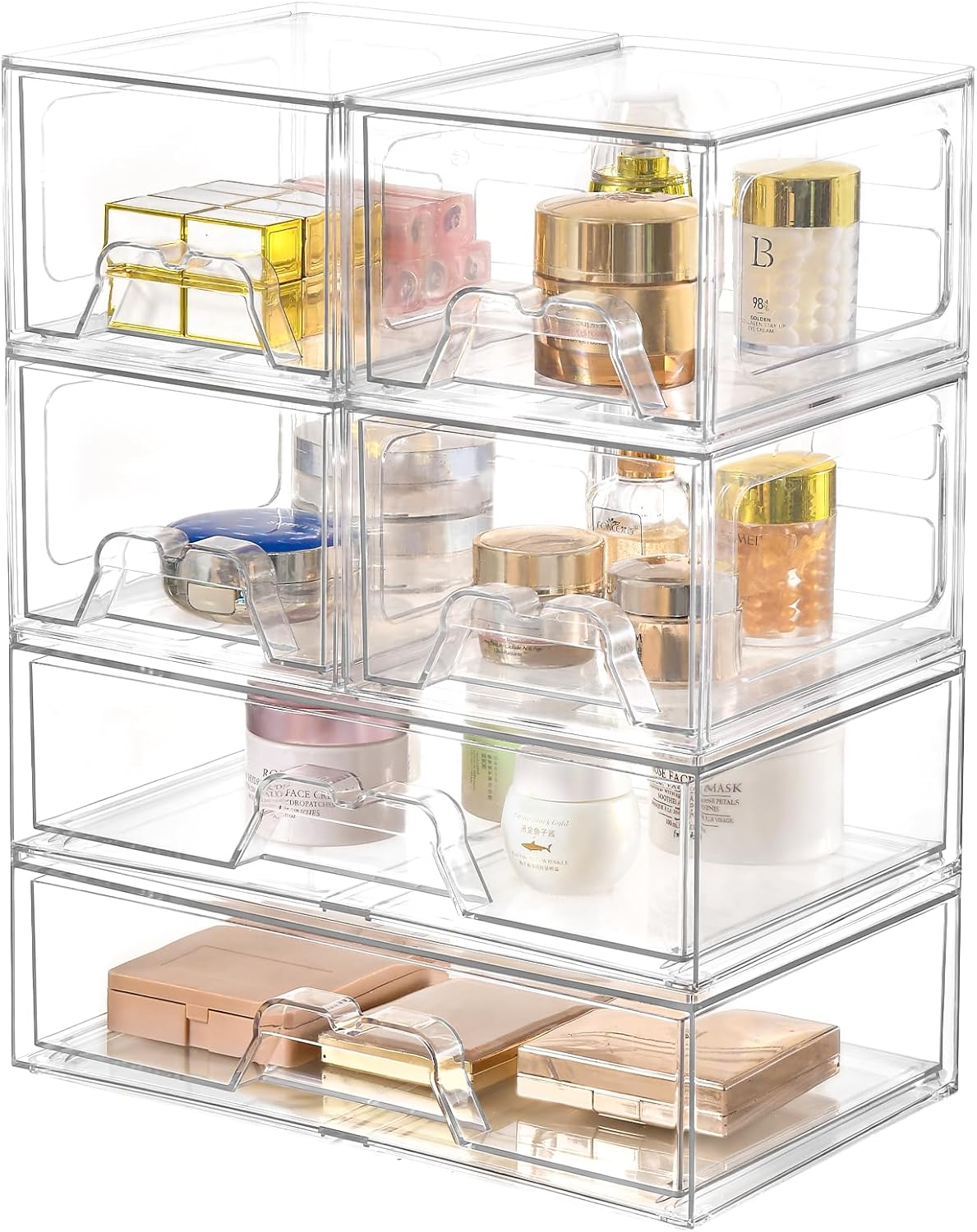 Stebopum 6 Pack Stackable Makeup Organizer, 4.4'' Tall Acrylic Bathroom Makeup Organizer and Storage Drawer with Pull-out Handle, Clear Plastic Storage Bins for Vanity,Pantry,Desk,Undersink,Kitchen