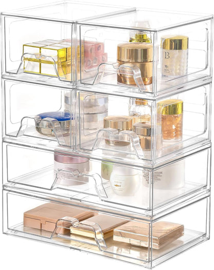 Stebopum 6 Pack Stackable Makeup Organizer, 4.4'' Tall Acrylic Bathroom Makeup Organizer and Storage Drawer with Pull-out Handle, Clear Plastic Storage Bins for Vanity,Pantry,Desk,Undersink,Kitchen