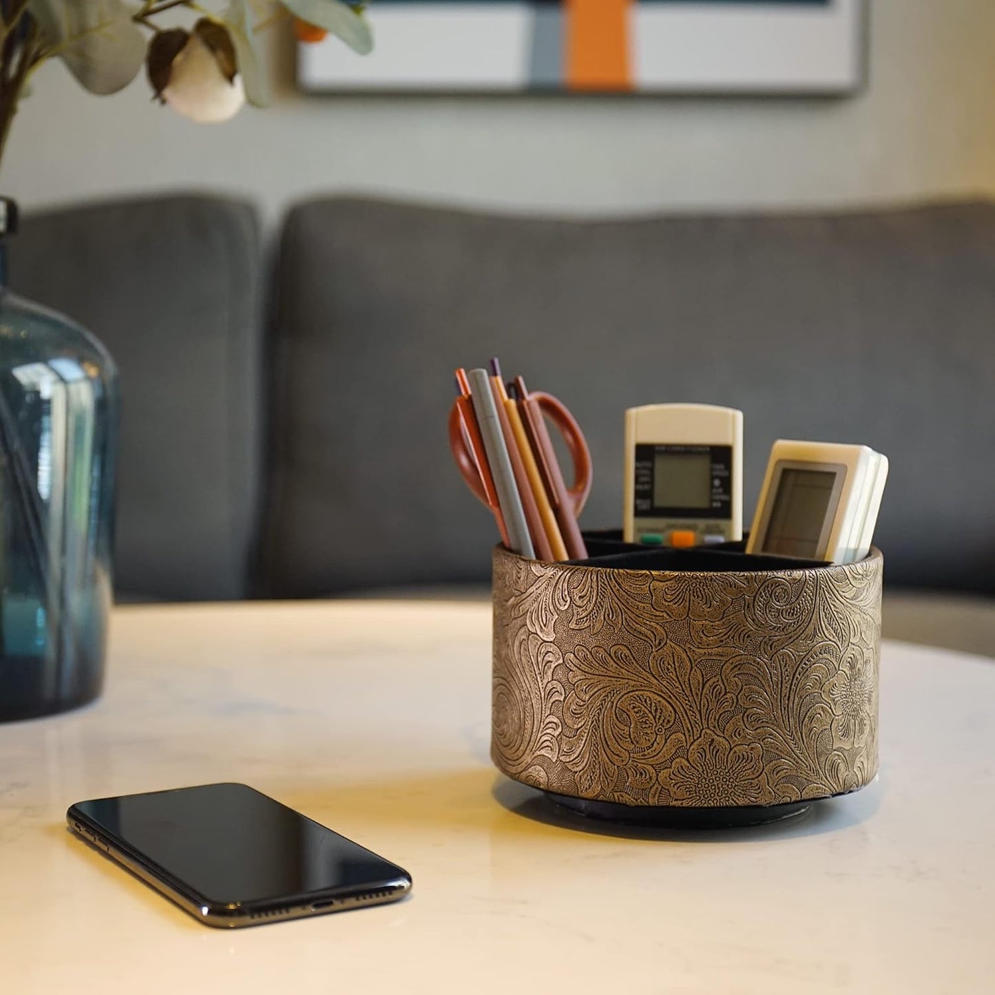 lizimandu Round Leather Art Supply Organizer,Remote Control Holder,360 Degree Spinning,Multi-Functional Pencil Holder,4 Compartments Desktop Stationary Organizer(1-Gold) - Colors A