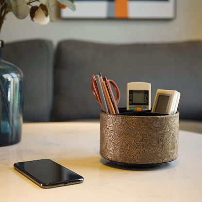 lizimandu Round Leather Art Supply Organizer,Remote Control Holder,360 Degree Spinning,Multi-Functional Pencil Holder,4 Compartments Desktop Stationary Organizer(1-Gold) - Colors A