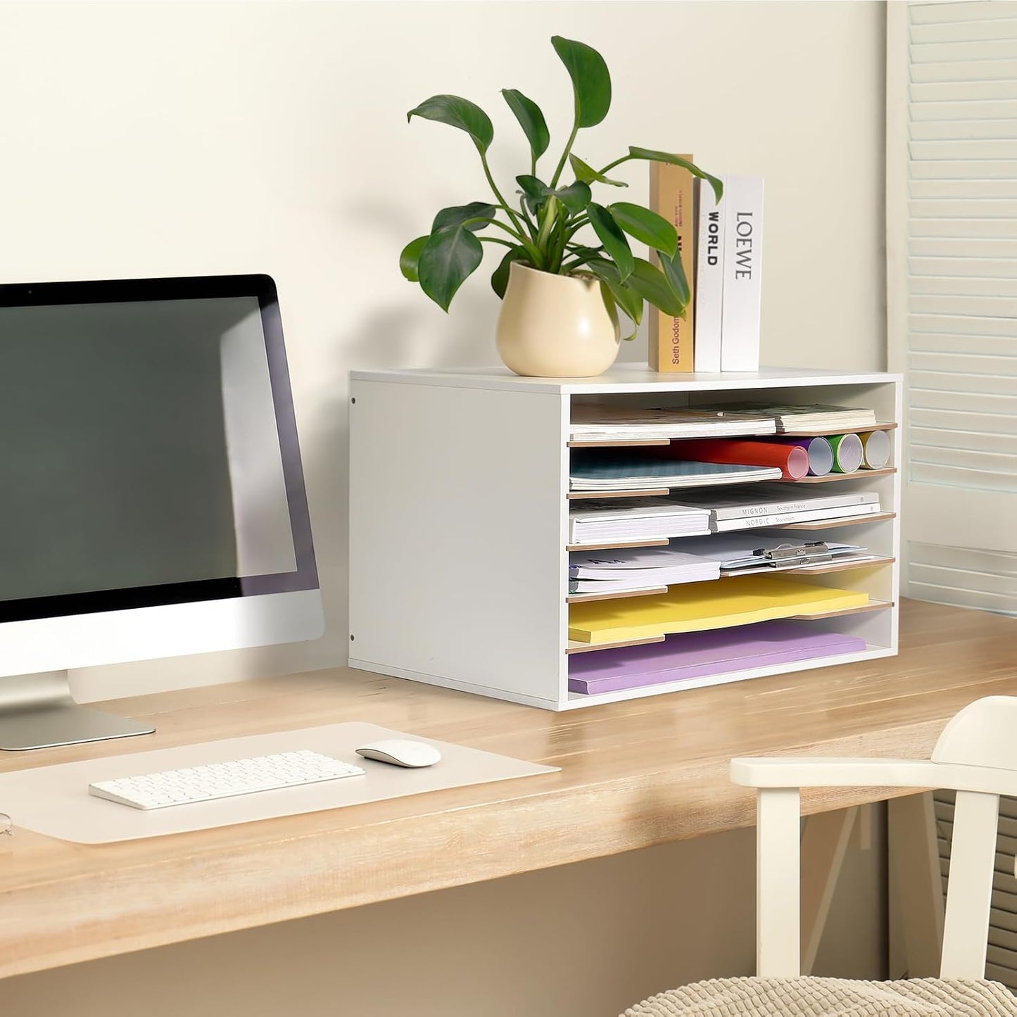 Yumkfoi 12x18 Construction Paper Organizer, 4-Tiers Paper Storage Shelf, Wooden Desk Organizer, File Holder and Letter Tray for Office, Home, Classroom