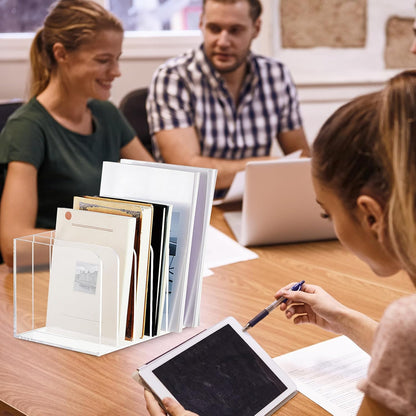Suzile Clear Acrylic Magazine File Holder with Vertical Compartments Desk Organizer Book Rack for Desk Sorter Paper Folder Office Accessories(Clear,14.2 x 7.2 x 6.5 Inch)