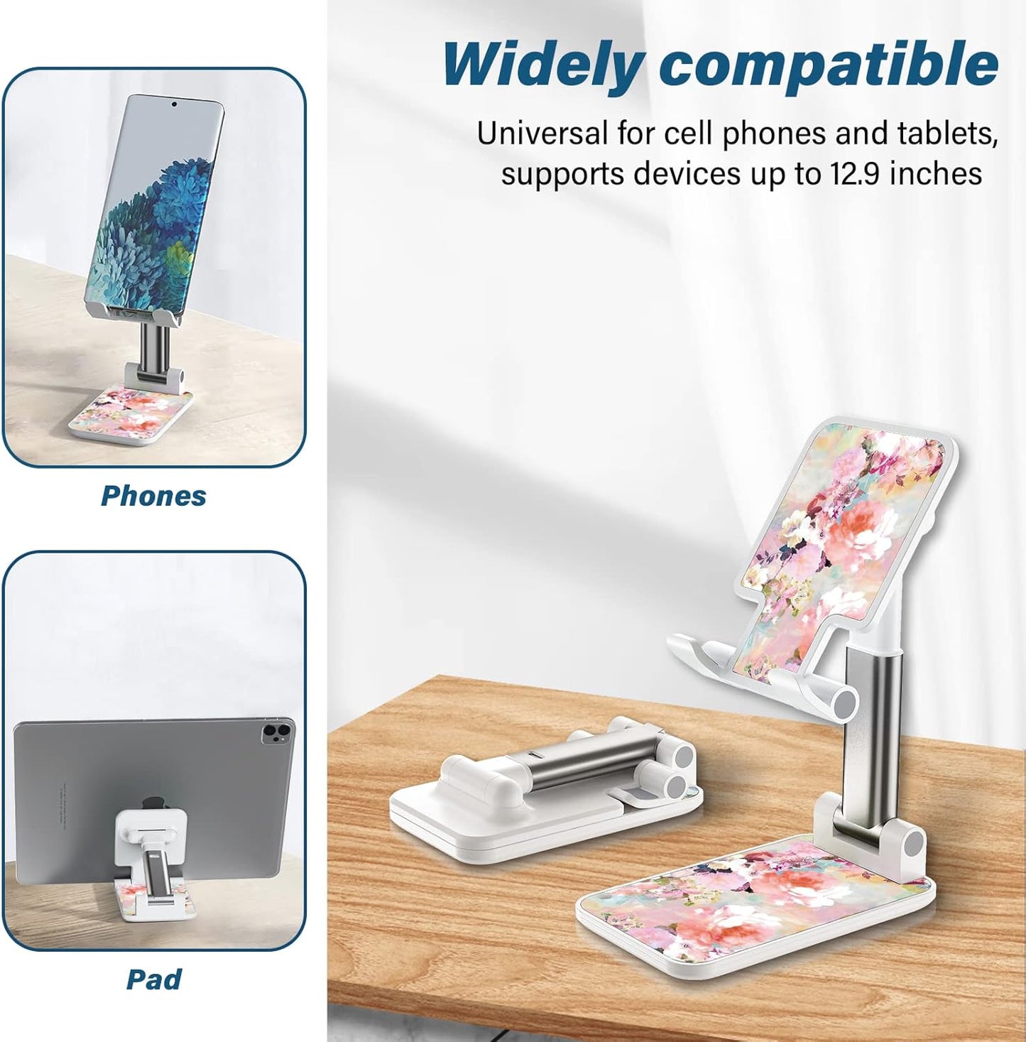 Desk Cell Phone Stand - Adjustable Angle-iPad Holder, Universal Compatible Phone Holder for Desk