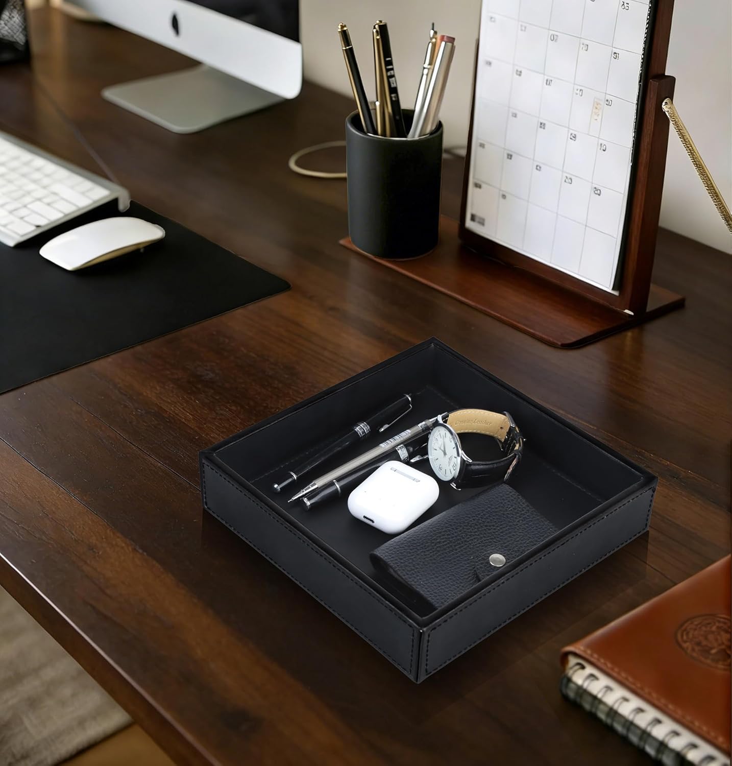 HofferRuffer Faux Leather Vanity Tray, Elegant Desktop Storage Organizer, Decorative Catchall for Perfume, Bathroom Valet, Nightstand or Dresser, Black, 10.2 x 8.4 x 1.8 Inches