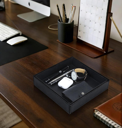 HofferRuffer Faux Leather Vanity Tray, Elegant Desktop Storage Organizer, Decorative Catchall for Perfume, Bathroom Valet, Nightstand or Dresser, Black, 10.2 x 8.4 x 1.8 Inches