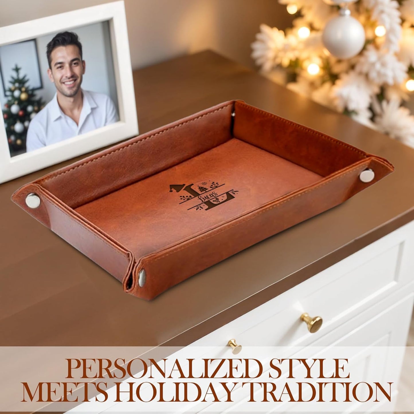 Personalized Engraved Leather Tray for Men with Engraved Name, PU Leather Valet Organizer for Dad, Custom Gift for Him, Custom Catchall Tray for Desk, Office, Accessories Travel Organizer for Men