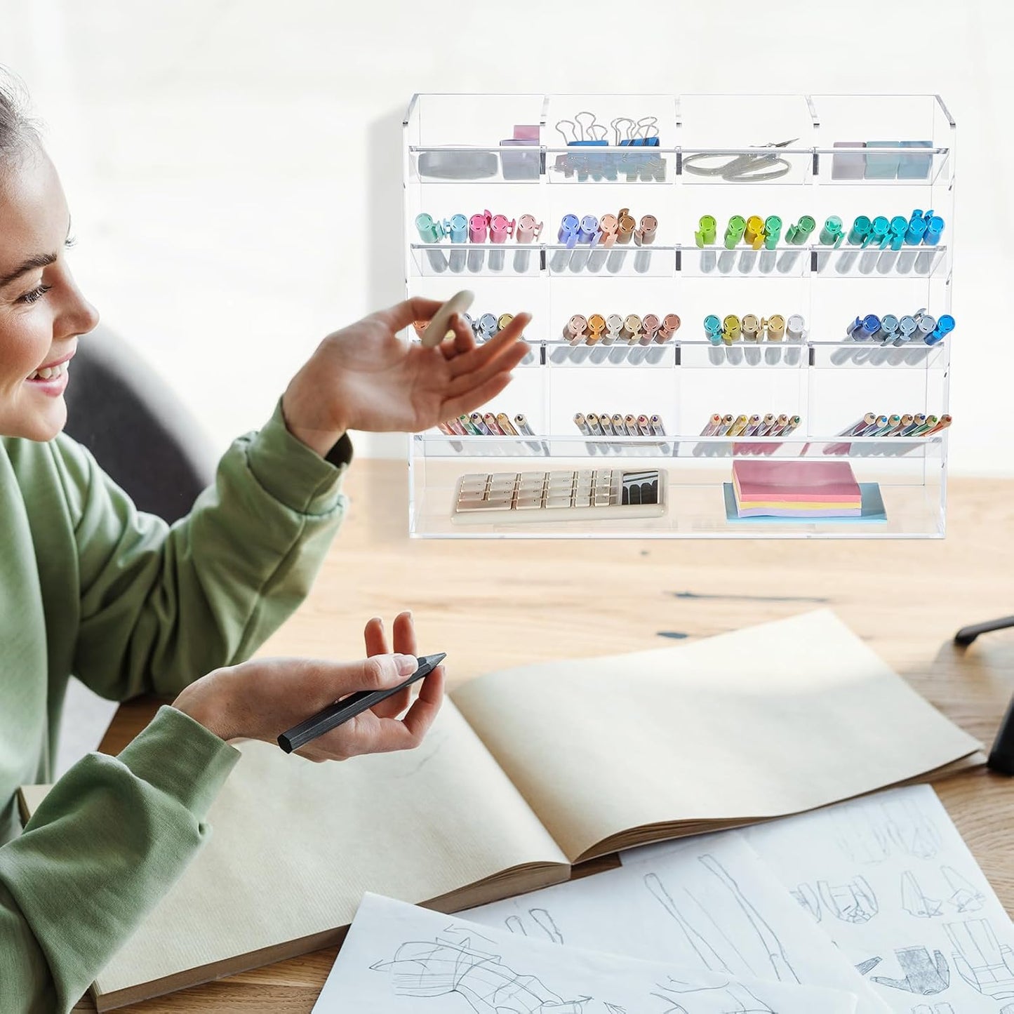 MotiMind Acrylic Pen Organizer Storage for 250 Markers Vertical Marker Organizer Acrylic Pen Display Holder for Office Desk Desktop Stationery Pencil Storage, Clear, 13 x 4 x 12.4 Inch
