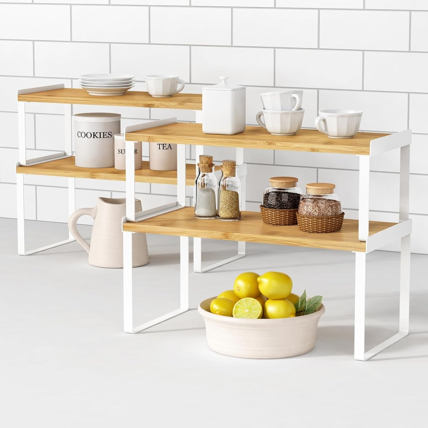 Goozii Kitchen Cabinet Organizer Shelf Set of 4, Large Stackable Pantry Cupboard Countertop Storage and Organizer, Desk Shelf Riser, Spice Plate Cup Expandable Storage Rack (Bamboo White)