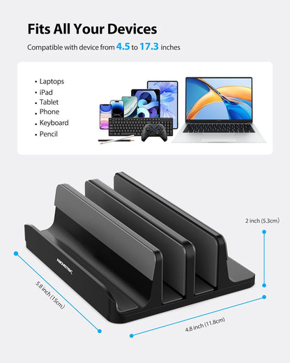 AboveTEK Vertical Laptop Stand, 3 Slots Aluminum Desk Laptop Holder & Laptop Docking Station Stand for MacBook, Tablet, Phone - Universal Fit (Up to 17.3") - Heavy Duty Polished, Anti Slide - Silver