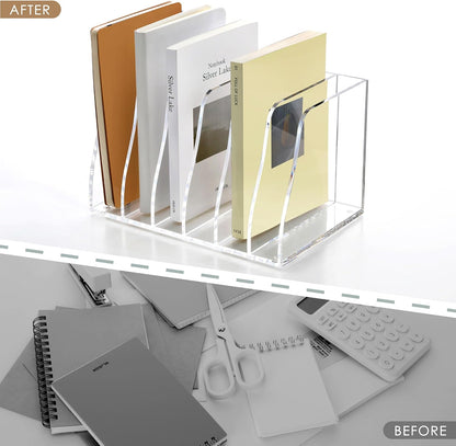 SANRUI Acrylic Magazine Holder Desk Organizer Workspace Sorters，Clear Bookend File Sorter Holder，Folder Rack, Office Accessories Organization Storage with 3 Vertical Compartments