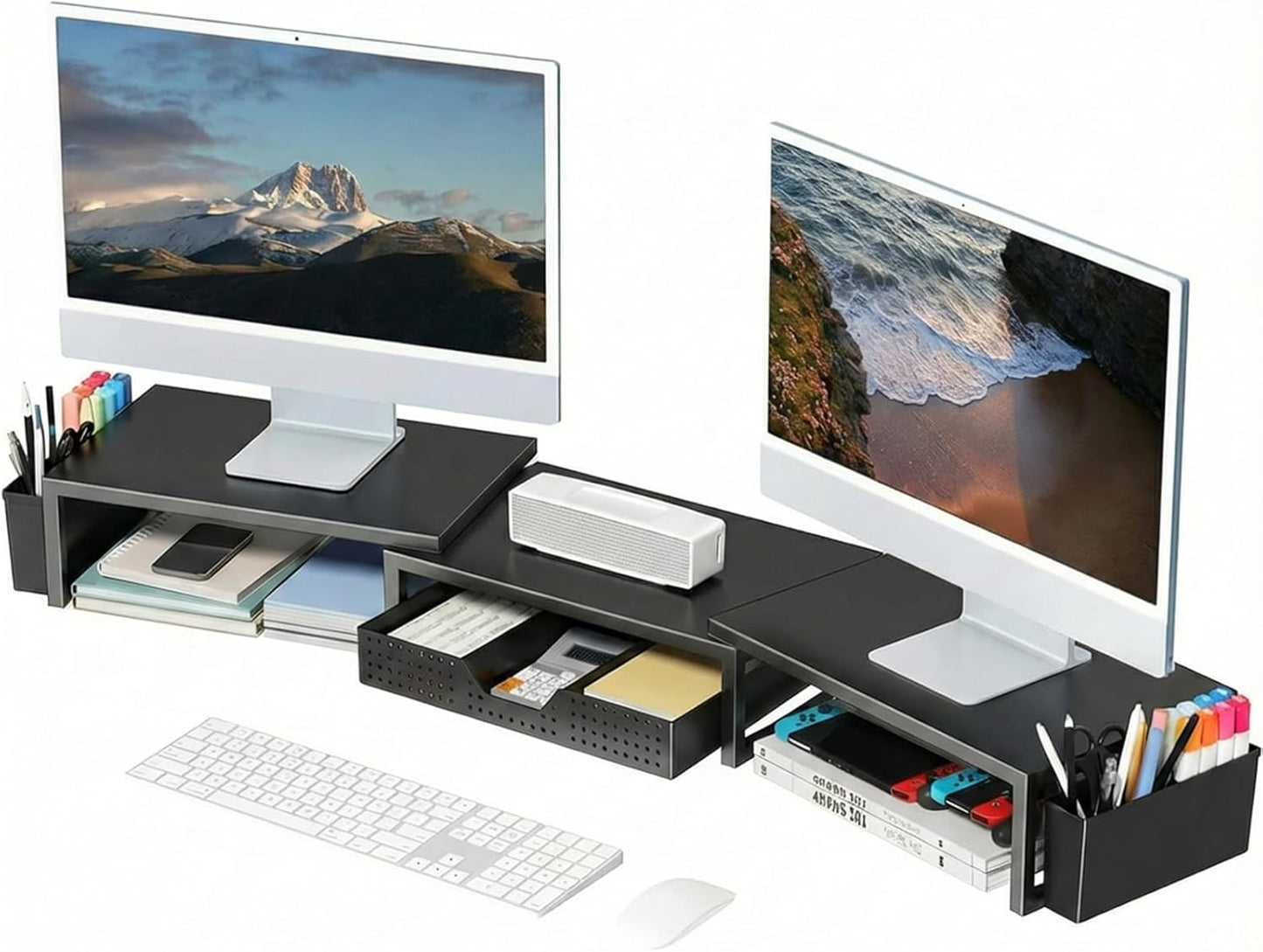 OPNICE Clear Acrylic Desk Organizers and Accessories, Dual Monitor Stand Riser with Drawer, Desk Shelf Computer Racks for Office Workspace Organizers, Desktop Organization (Transparent)