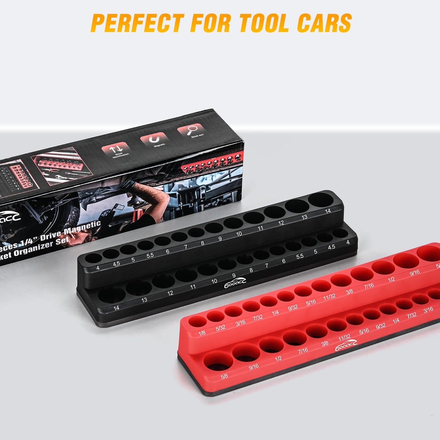 GOOACC 1/4" Magnetic Socket Organizer, 2 Pieces Socket Holder Metric SAE Socket Tray, 1/4 inch Socket Organizer Tray Holds 52 Standard Sockets for Tool Box Drawer