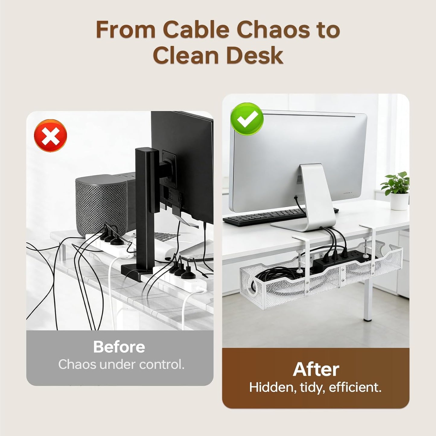 Upgraded 25.2'' Under Desk Cable Management Tray, No Drill Clamp-On Design Wire Organizer, Cable Organization Box for No Damage to Desk, Metal Cord Organizer for Home Office, White