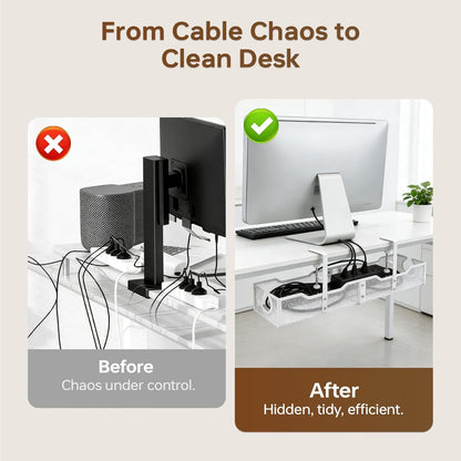 Upgraded 25.2'' Under Desk Cable Management Tray, No Drill Clamp-On Design Wire Organizer, Cable Organization Box for No Damage to Desk, Metal Cord Organizer for Home Office, White