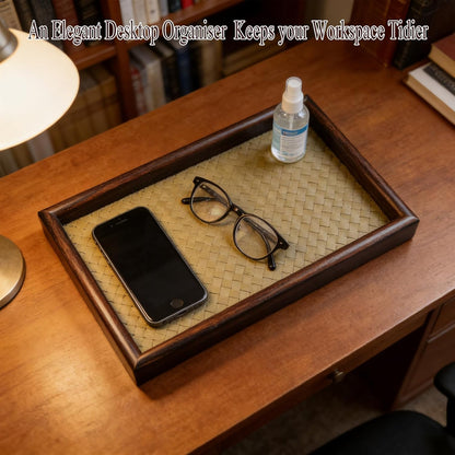 11.8x7.9 Desk Organizer Tray Wooden Storage with Leather Base, Versatile Tray Table for Nightstand Entryway Vanity Desktop(Black+Green)