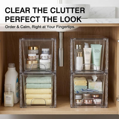 Bathroom Organizers and Storage Boxes 4pack, 7in Stackable Storage Drawers Plastic Simply Assembled Containers Bins Suitable for Cosmetics, Bathroom, Kitchen, Cabinets, and Snack Storage Boxes