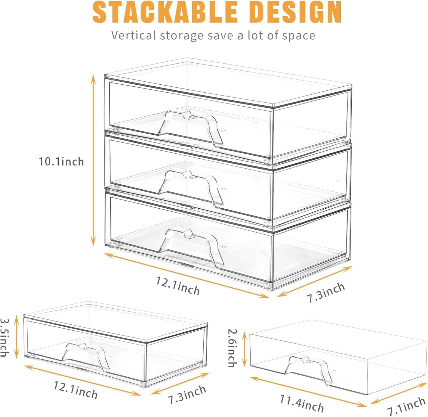 Stebopum 6 Pack Stackable Makeup Organizer, 4.4'' Tall Acrylic Bathroom Makeup Organizer and Storage Drawer with Pull-out Handle, Clear Plastic Storage Bins for Vanity,Pantry,Desk,Undersink,Kitchen