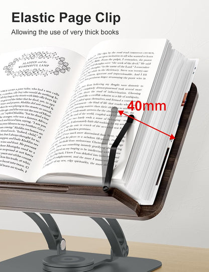 Tounee Book Stand for Reading, Adjustable Book Holder with 360° Swivel Base, Foldable Cookbook Stand Recipe Book Holder with Elastic Page Clips for Music Scores, Recipe, Tablet, Laptop-Gray