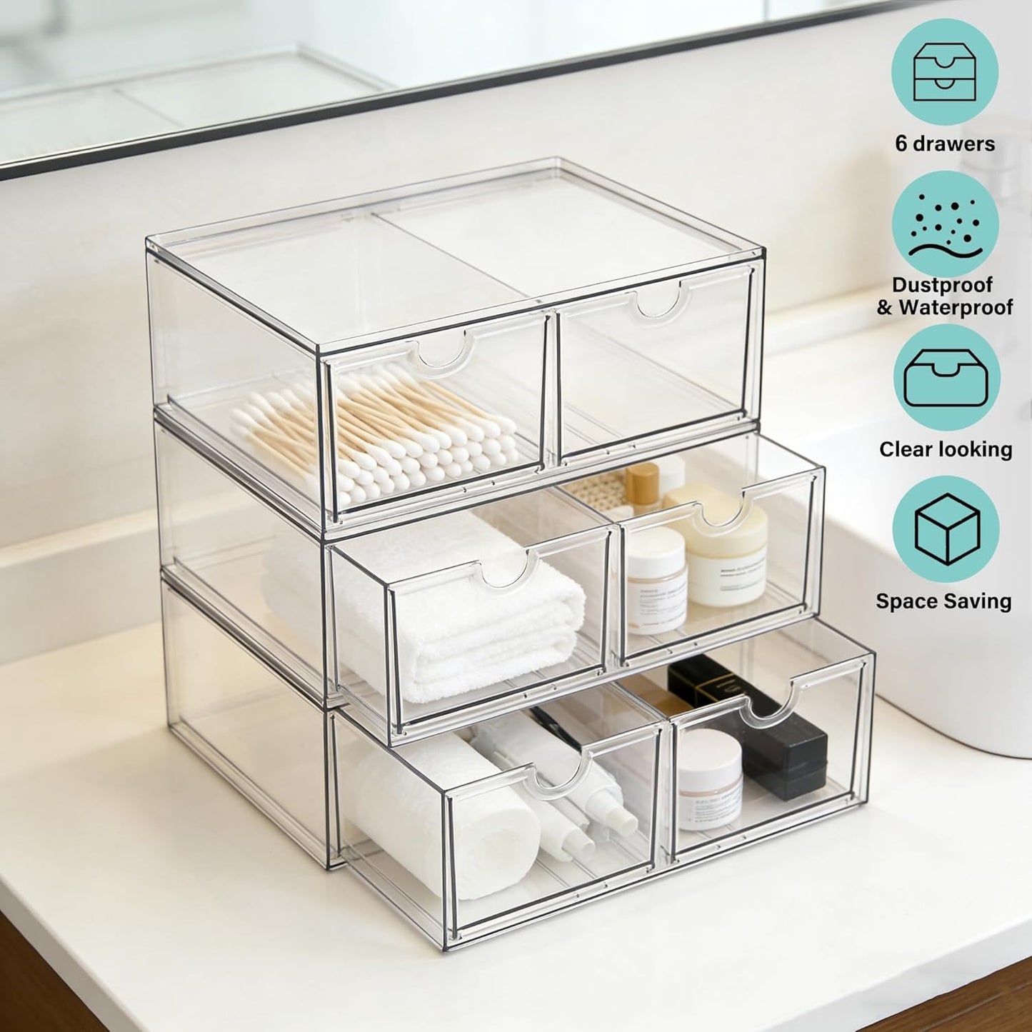 Prsildan Acrylic Makeup Organizer, 2 Pack Stackable Storage Drawers with 6 Drawers for Office Desk Vanity Craft Room Clear Drawer Organizers for Hair Accessories Art Supplies Cosmetics Modular System