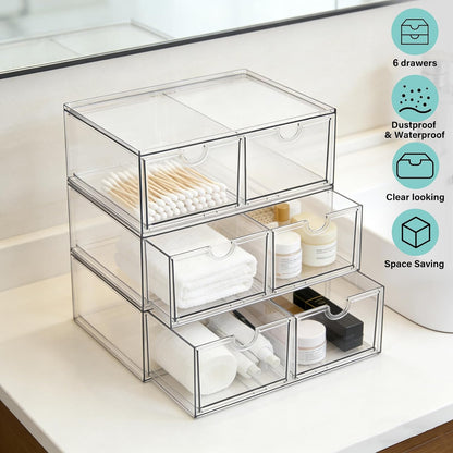 Prsildan Acrylic Makeup Organizer, 2 Pack Stackable Storage Drawers with 6 Drawers for Office Desk Vanity Craft Room Clear Drawer Organizers for Hair Accessories Art Supplies Cosmetics Modular System