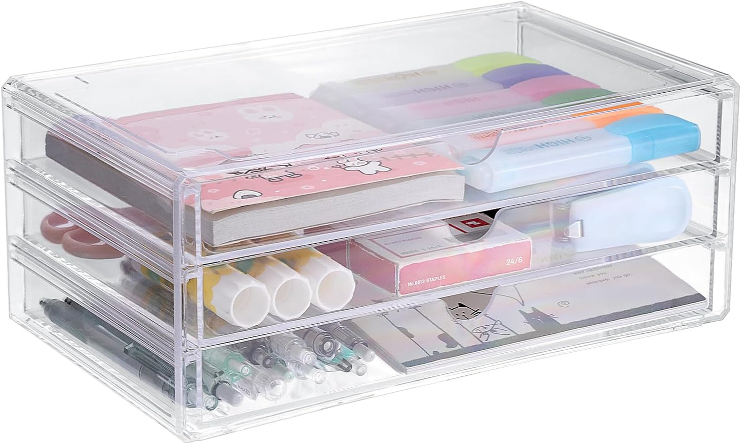 BTSKY Clear Acrylic Drawer Organizer, Stackable Container with 2 Narrow + 1 Large Drawers, Desk Organizer for Stationery Study Essentials Makeup Jewelry, Multipurpose Storage Box for Office and Home