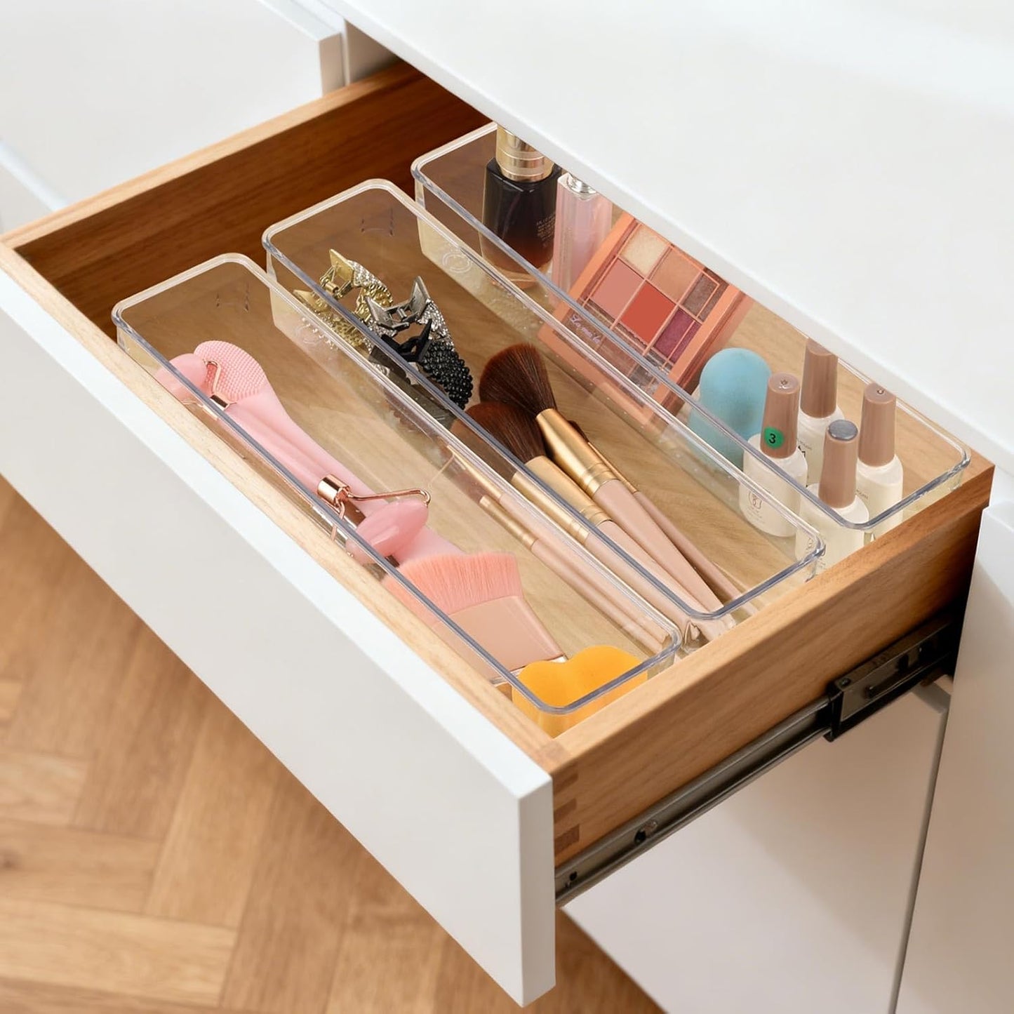 Ohlove 6 Pcs Large Clear Plastic Drawer Organizers Tray 15" x 6.3" Storage Bins with 25 Pcs Non-Slip Pads for Makeup, Jewelries, Kitchen Utensils, Bathroom and Office