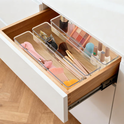 Ohlove 6 Pcs Large Clear Plastic Drawer Organizers Tray 15" x 6.3" Storage Bins with 25 Pcs Non-Slip Pads for Makeup, Jewelries, Kitchen Utensils, Bathroom and Office