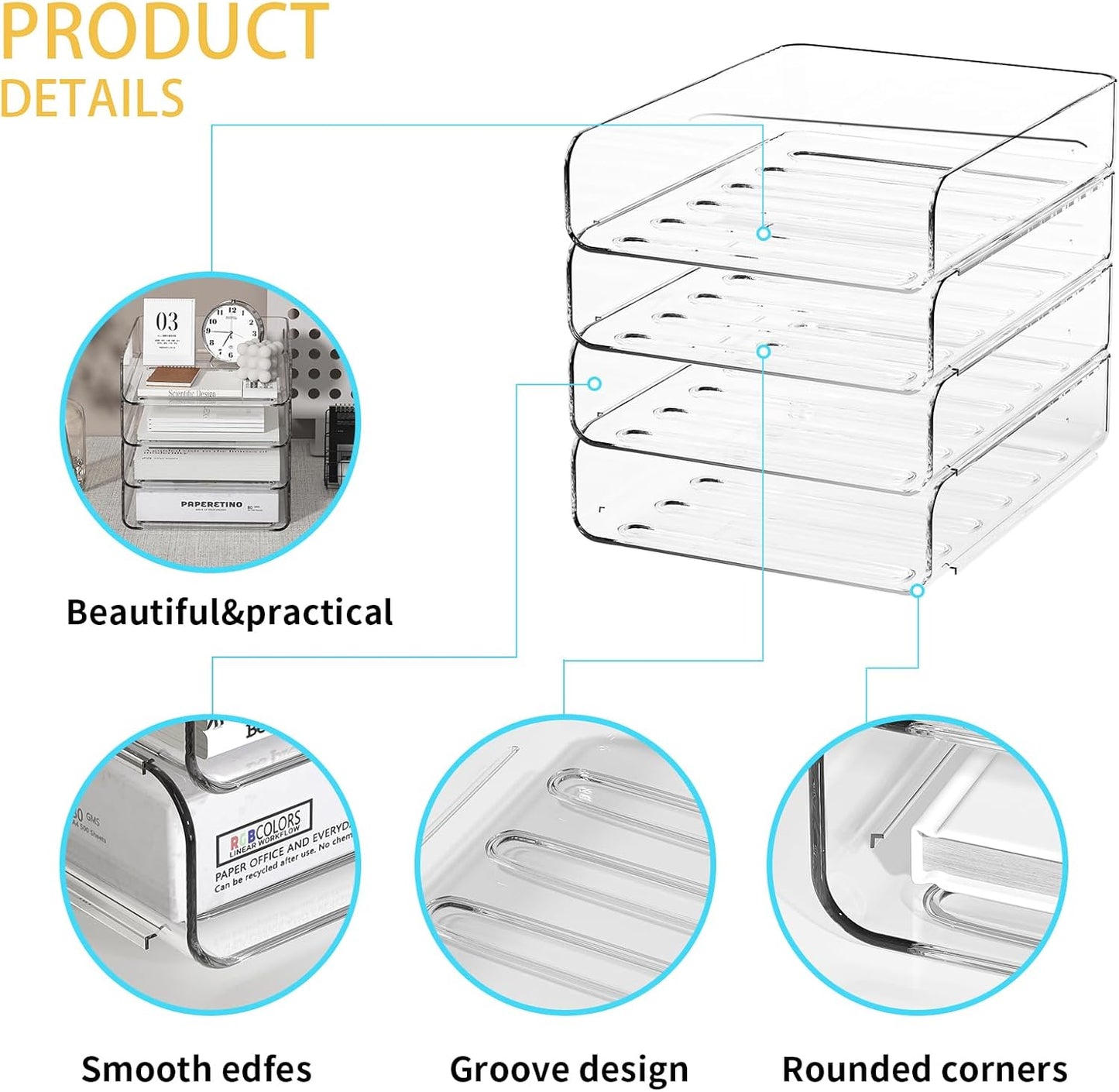 FANXIYQ 4-Tier Acrylic Paper Tray Organizer | Clear Stackable Desk Organizer for Documents, Letters, A4 Paper | Modern Office/Classroom/Home Organization