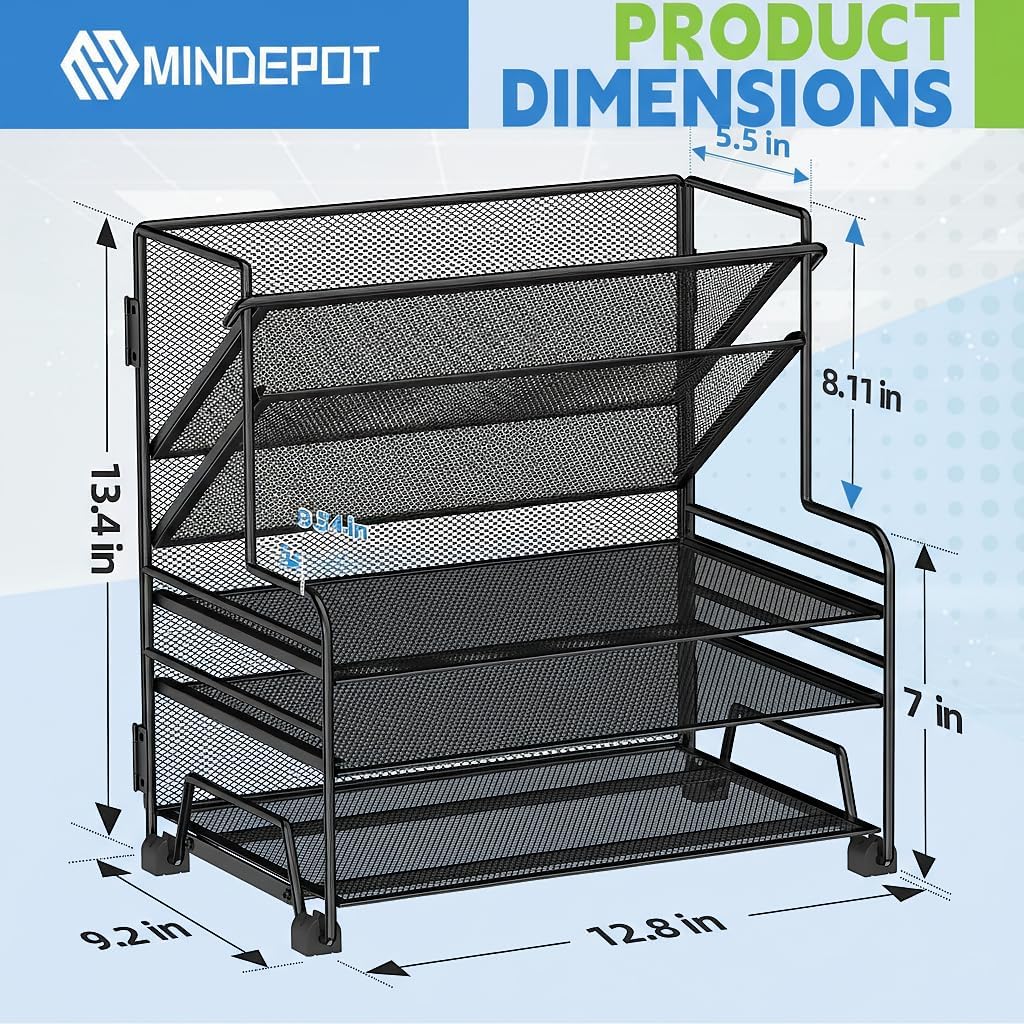 MINDEPOT 4-Tier Paper Organizer + 3-Pocket File Holder + Drawer + Pen Holders, Desktop File Organizers Paper Tray for Office Accessories School Classroom Organization (Black)
