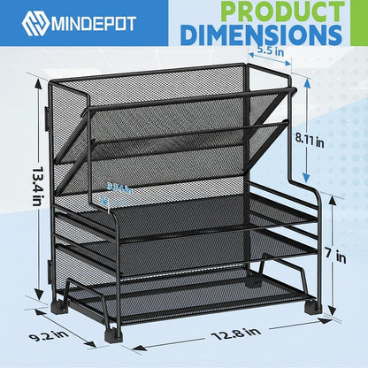 MINDEPOT 4-Tier Paper Organizer + 3-Pocket File Holder + Drawer + Pen Holders, Desktop File Organizers Paper Tray for Office Accessories School Classroom Organization (Black)