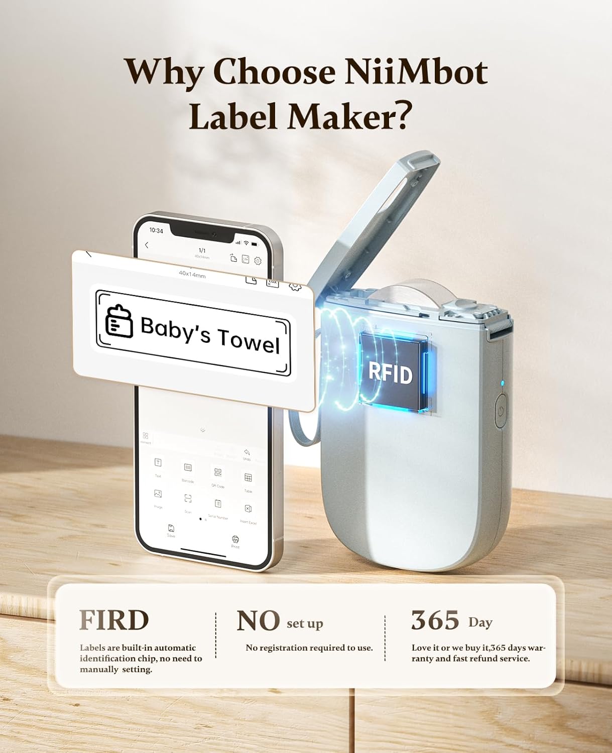NIIMBOT 300 DPI D11 Label Maker Machine with 1 Tape, Mini Portable Label Printer, Bluetooth Thermal Label Printer Sticker Labeler for Office Home Kitchen School Organization, White