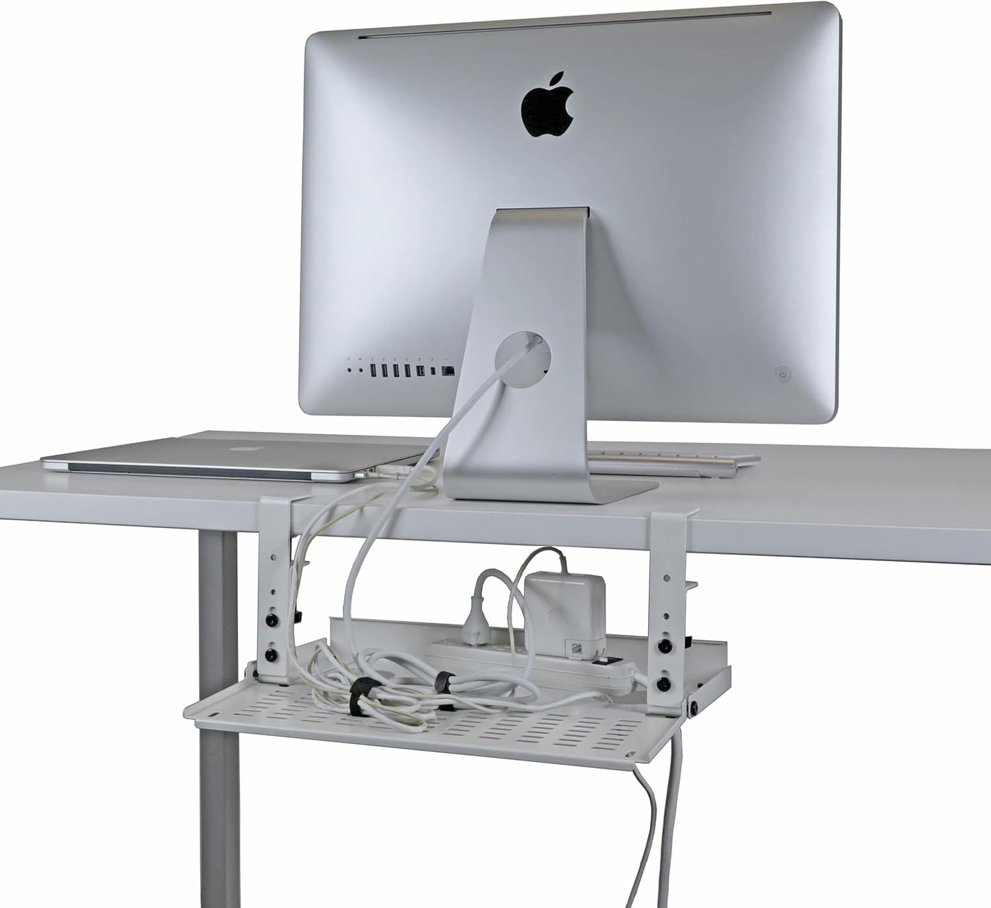 AEONS Under Desk Cable Management Tray Kit - Horizontal Adjustable up to 41” Removable C Clamp Mount Reversible Computer Cord Raceway and Modesty Panel for Large Table, Black