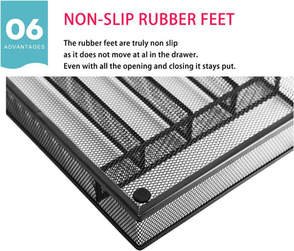 JANE EYRE Utensil Drawer Organizer, Cutlery Tray Silverware Flatware Storage Divider for Kitchen, Mesh Wire with Non-slip Foam Feet, 5 Component, Black