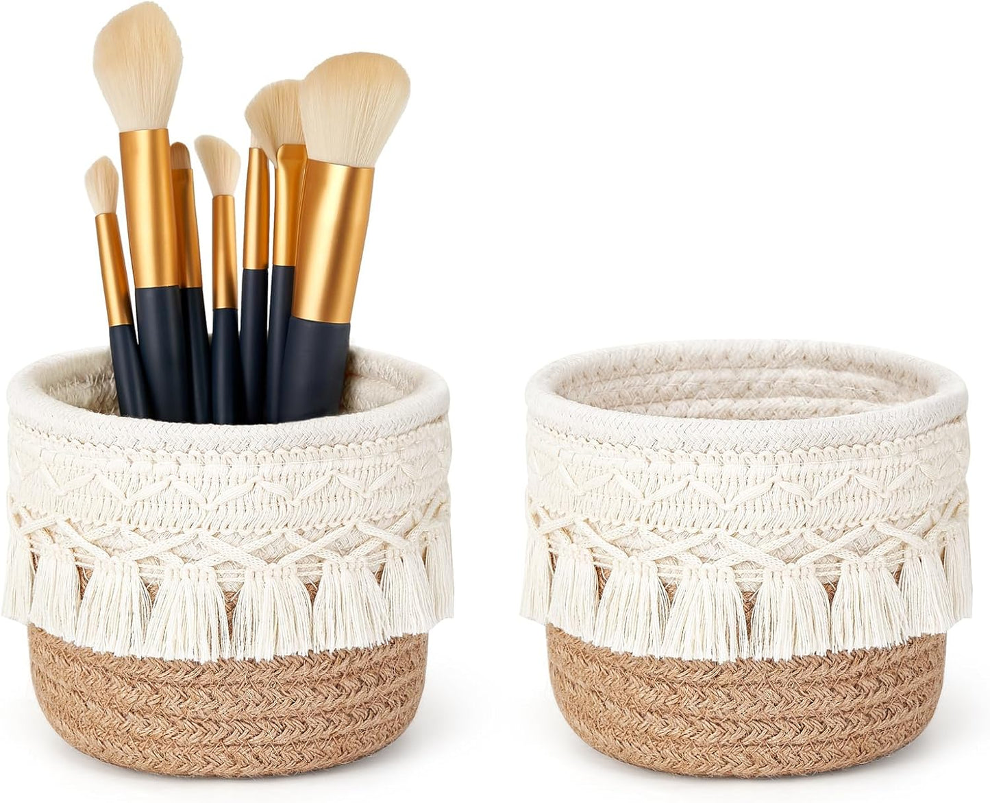 Mkono Macrame Makeup Brush Holder Organizer Comb Brushes Mini Storage Basket Set of 2 Boho Decor Baskets for Pen Pencil Box Container ,Ivory