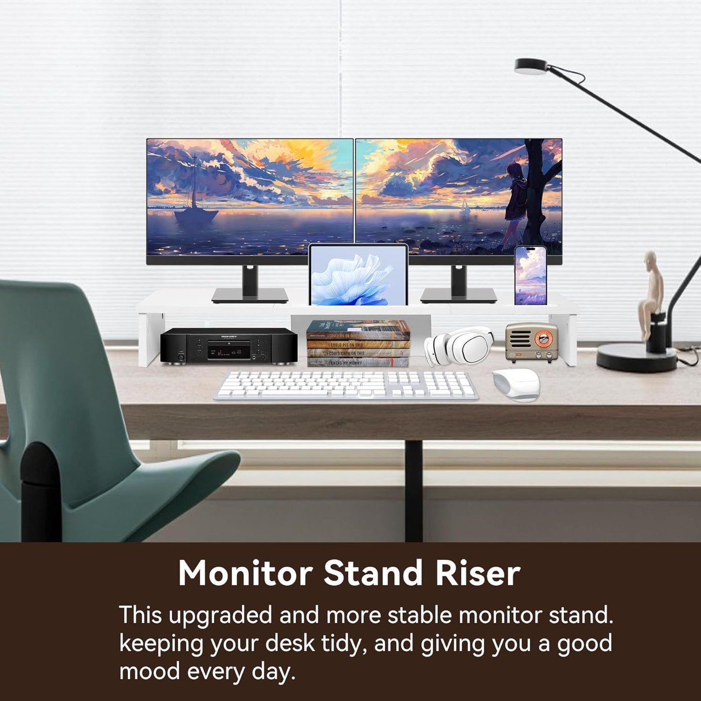 Qupui Computer Monitor Stand Riser with Drawer and Pen Holders, Desk Organizer Shelf and Accessories, Office Desk Accessories, Office Organization, Black