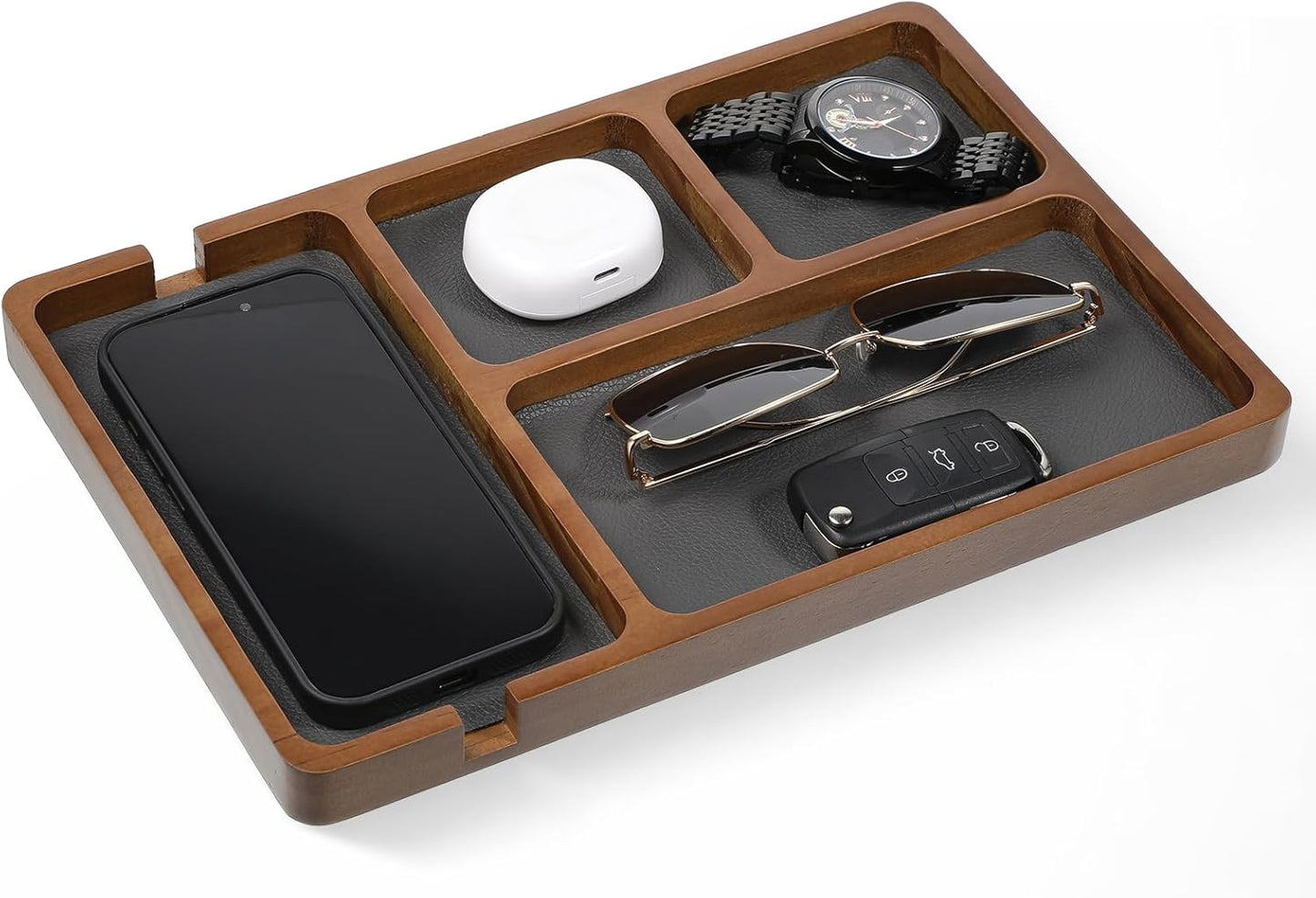 Valet Tray for Men, Black Sandalwood Catch All Tray, Wallet Trays Organizer for Nightstand, Desk, Elegant EDC Valet Trays for Keys, Watch, Phone, Jewelry