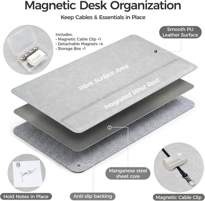 Magnetic Desk Mat System with Wrist Support 80×40cm, Premium Leather Desk Pad with Magnetic Accessories, Waterproof Non-Slip Desk Organizer for Office & Gaming